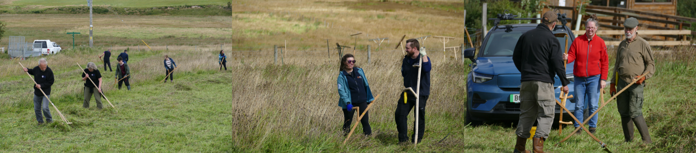 Three photos of people attending the scything day at Tomintoul meadow